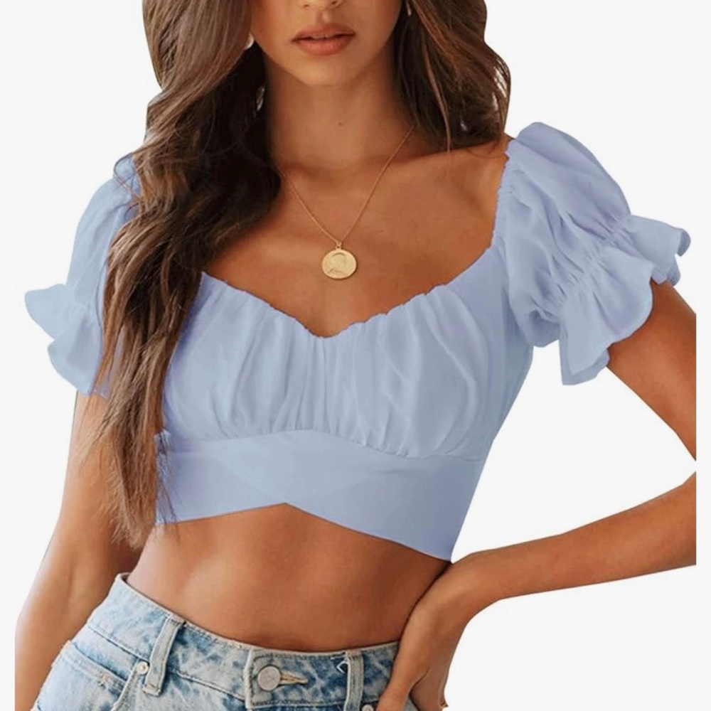 Light Blue Off-Shoulder Ruffle Top - Picture 4 of 5